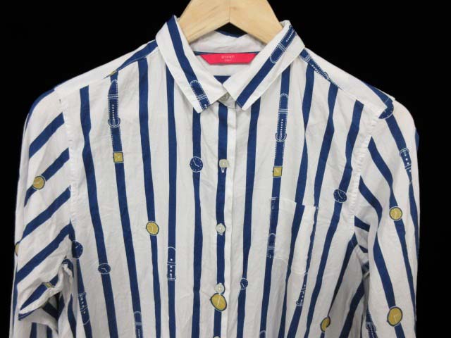 グラニフ Graniph ワンピース ひざ丈 シャツ ストライプ 綿 コットン 長袖 F 白系 ホワイト Kya78 レディース 1 ベクトルパーク