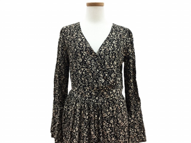 フィフス Fifth ワンピース ギャザー ロング ミモレ Vネック 花柄 長袖 黒 ブラック アイボリー Fh62 レディース 1 ベクトルパーク