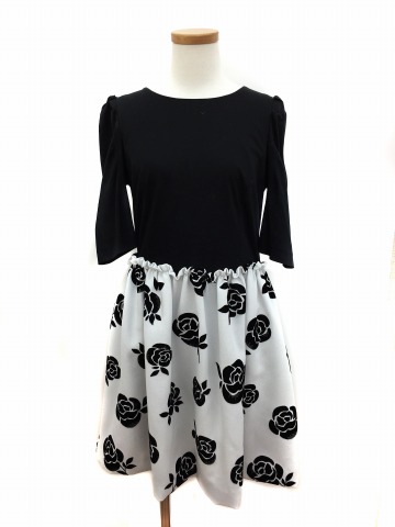 リランドチュール Rirandture ワンピース フレア ミニ 切替 フロッキー 花柄 五分袖 2 黒 ブラック 白 ホワイト Yt10 レディース 1 ベクトルパーク