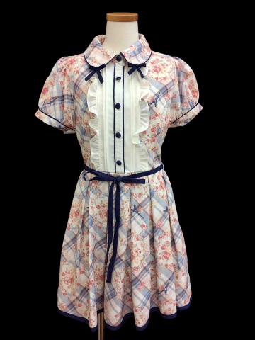 リズリサ Liz Lisa ワンピース ひざ丈 リボン フリル チュール 総柄 半袖 0 水色 ピンク Hm65 レディース 1 ベクトルパーク