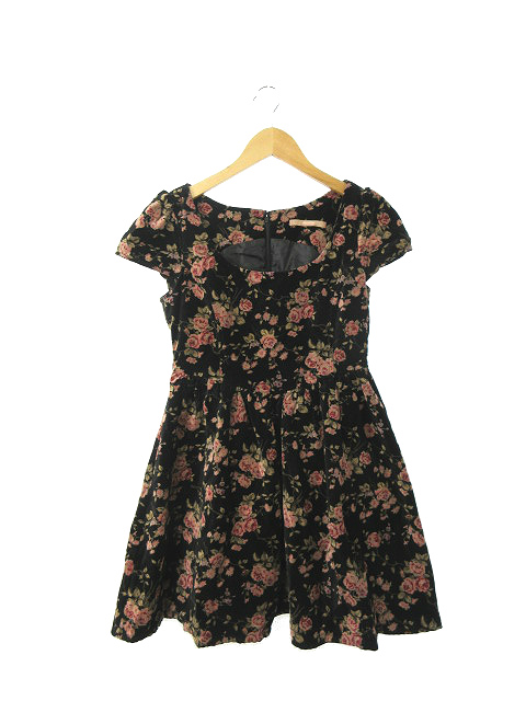 ダズリン Dazzlin ワンピース ミニ ギャザー 花柄 ベロア 半袖 ジップフライ S 黒 ブラック Ks10 レディース 1 ベクトルパーク