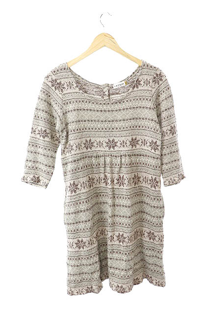 レプシィム ローリーズファーム Lepsim Lowrys Farm ワンピース ニット ラウンドネック フレアー ひざ丈 七分袖 ノルディック柄 M グレー Jn24 レディース 1 ベクトルパーク