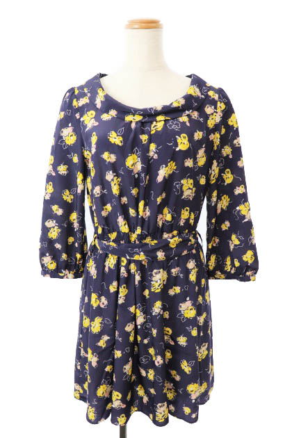 インデックス Index ワンピース ひざ丈 カットソー 七分袖 総柄 M 紺 ネイビー Th15 レディース 1 ベクトルパーク