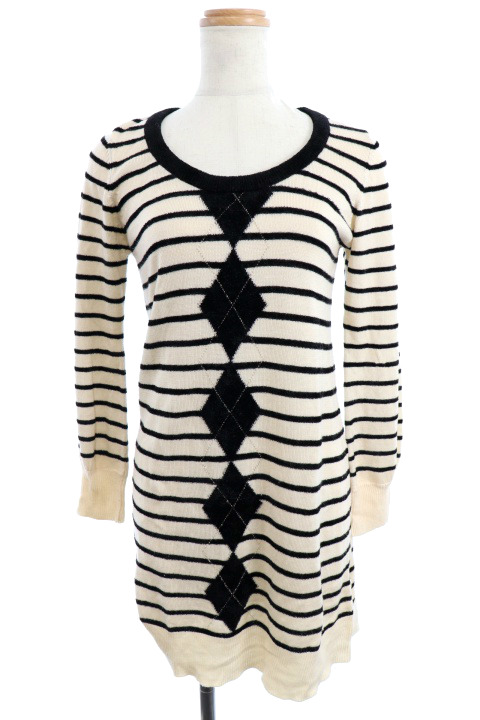 アフターオール After All ワンピース ミニ タイト ニット Uネック ボーダー ベロア アーガイル ラメ 長袖 M 白 黒 ホワイト ブラック M2n28 レディース 1 ベクトルパーク