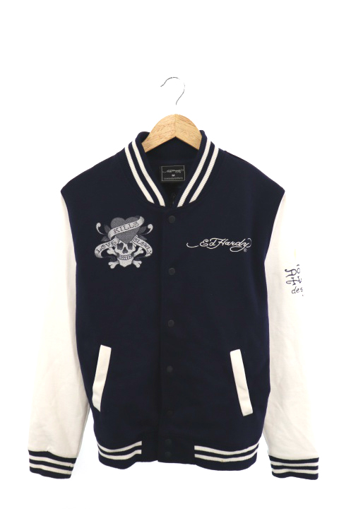 エドハーディー Ed Hardy ジャケット スタジャン ブルゾン 総柄 M 紺 