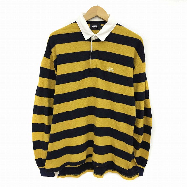 ステューシー STUSSY ポロシャツ 長袖 ボーダー S 黄 イエロー 紺 