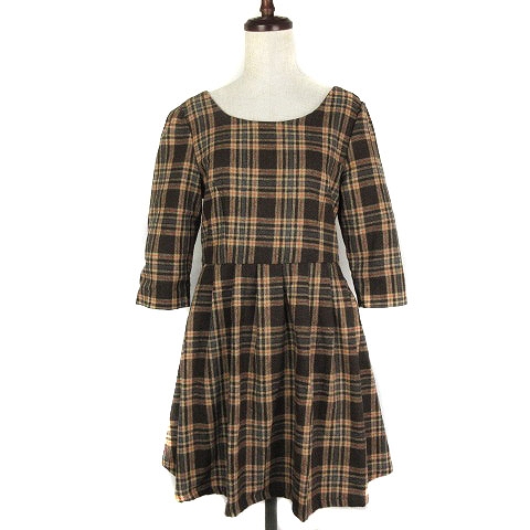 ダズリン Dazzlin ワンピース ミニ フレア クルーネック 七分袖 チェック S 茶 ブラウン Ck レディース 192 ベクトルパーク