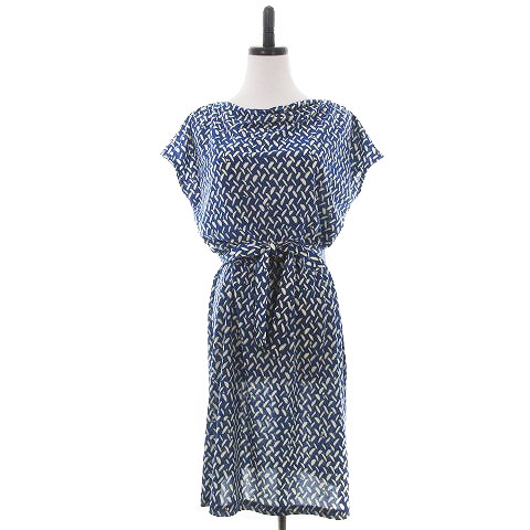 ユナイテッドアローズ United Arrows ワンピース ひざ丈 半袖 ボートネック 薄手 リボン 総柄 36 青 ブルー Mm レディース 192 ベクトルパーク