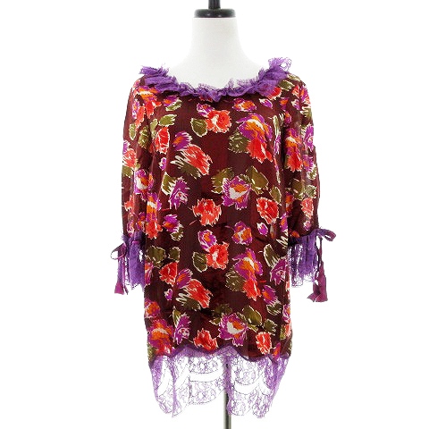 アナスイ Anna Sui ワンピース チュニック 七分袖 クルーネック 薄手 絹 シルク 切替 レース 総柄 花柄 2 ボルドー 紫 パープル Mo レディース 192 ベクトルパーク