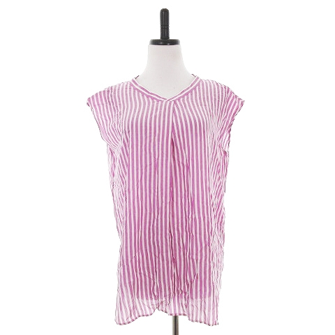 ストロベリーフィールズ Strawberry Fields ブラウス カットソー 半袖 Vネック 薄手 ストライプ ピンク 白 ホワイト トップス Ck レディース 192 ベクトルパーク