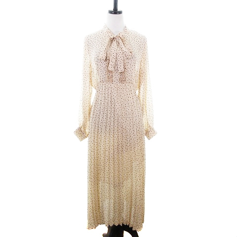 アースミュージック エコロジー Earth Music Ecology Premium Label ワンピース ロング 長袖 ボウタイ プリーツ 薄手 ドット 水玉 F ベージュ 黒 ブラック Na レディース 192 ベクトルパーク