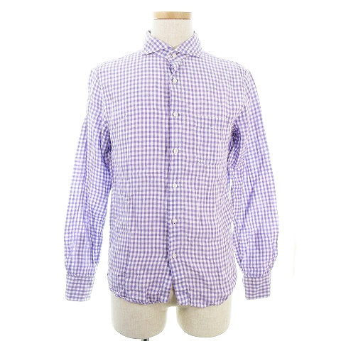 ナノユニバース nano universe Serviceable Clothing シャツ カットソー 長袖 ホリゾンタル 麻 リネン 薄手 チェック L 紫 白 パープル ホワイト トップス /NA メンズ