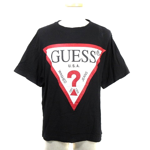 ゲス GUESS Tシャツ カットソー 五分袖 クルーネック スリット コットン 薄手 プリント M 黒 白 ブラック ホワイト トップス /NA メンズ