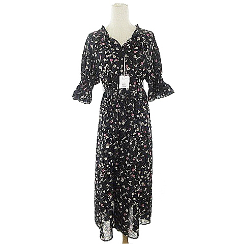 ワンアフター アナザー ナイスクラップ One After Another Nice Claup ワンピース ミモレ ロング 七分袖 花柄 フリル ベルト F 黒 ブラック m16 レディース 193 ベクトルパーク
