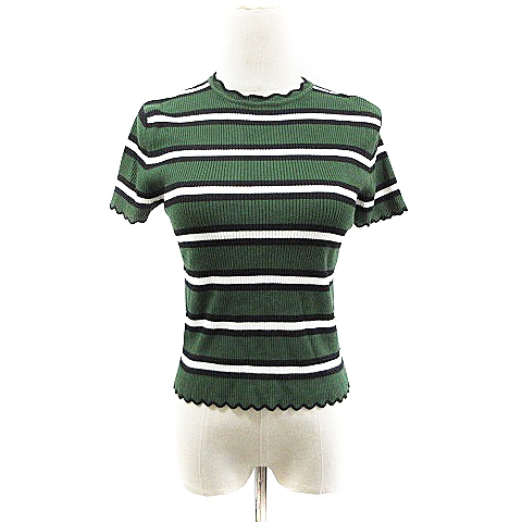 ザラ Zara Knit ニット カットソー 半袖 ボーダー スカラップ M 緑 グリーン m5 レディース 193 ベクトルパーク