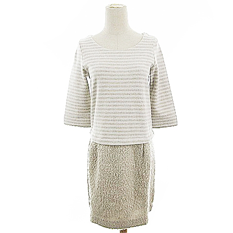 ストロベリーフィールズ Strawberry Fields ワンピース ドッキング ひざ丈 七分袖 ボーダー リボン ボア ベージュ m6 レディース 193 ベクトルパーク