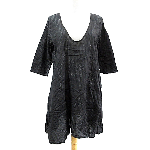 ジーナシス Jeanasis ワンピース ひざ丈 七分袖 ストライプ ラメ リボン Uネック F 黒 ブラック m10 レディース 193 ベクトルパーク