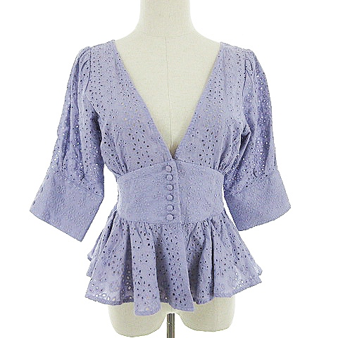 フーズフーチコ Who S Who Chico ブラウス ペプラム 七分袖 刺繍 カットワーク リボン F 青 ブルー m24 レディース 193 ベクトルパーク