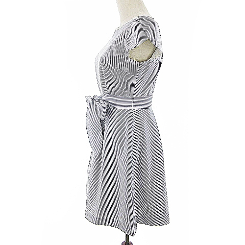 シェリエットバイプライムパターン Cherite By Prime Pattern ワンピース フレア ひざ丈 半袖 ストライプ レース リボン タック 9 青 ブルー m11 レディース 193 ベクトルパーク