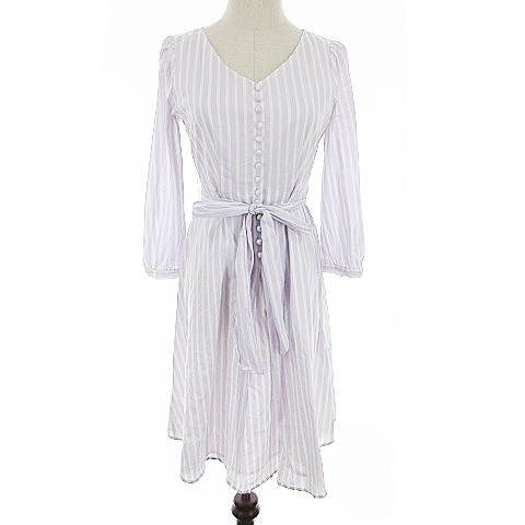 プロポーション ボディドレッシング Proportion Body Dressing ワンピース フレア ひざ丈 長袖 ストライプ Vネック タック リボン 2 紫 パープル m6 レディース 193 ベクトルパーク