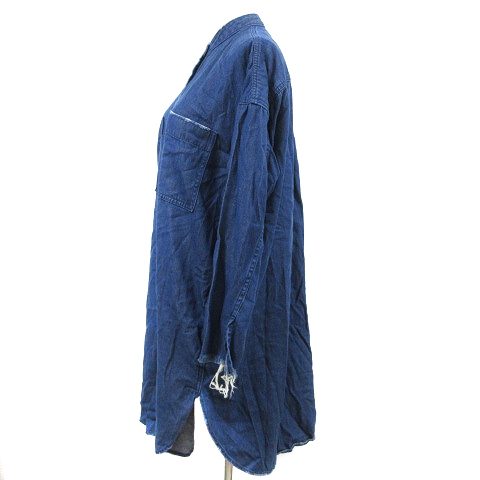 マウジー Moussy デニムワンピース シャツ ノーカラー ひざ丈 長袖 ダメージ加工 カットオフ F 紺 ネイビー m9 レディース 193 ベクトルパーク