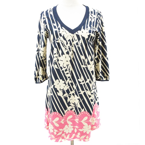 レイビームス Ray Beams ワンピース ギャザー ミニ 七分袖 花柄 ストライプ Vネック 紺 ネイビー m18 レディース 193 ベクトルパーク