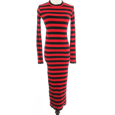 未使用品 ガリャルダガランテ Gallardagalante ワンピース タイト ニット ミモレ ロング 長袖 ボーダー クルーネック リブ F 赤 レッド m14 レディース 193 ベクトルパーク