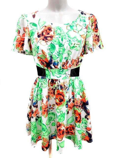 ミーア Miia ワンピース フレア ミニ 総柄 半袖 F 緑 グリーン 白 ホワイト オレンジ Yk レディース 195 ベクトルパーク