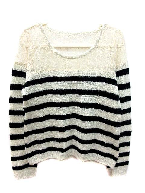 ラグナムーン Lagunamoon ニット カットソー ボーダー レース 長袖 F 黒 ブラック 白 ホワイト Yk レディース 195 ベクトルパーク
