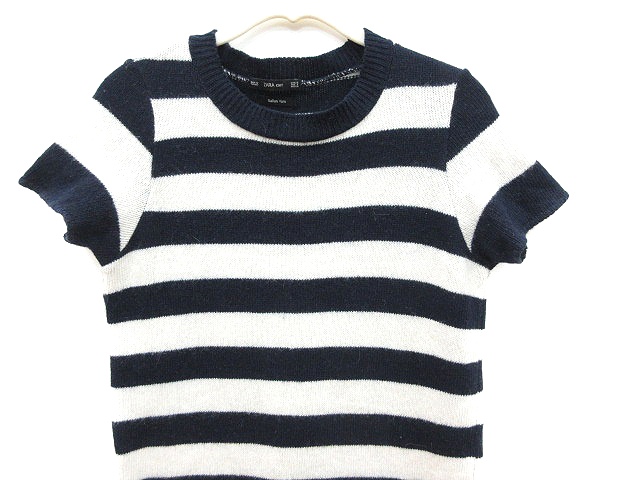 ザラ Zara ニット Knit ワンピース タイト ひざ丈 クルーネック 半袖 ボーダー S 白 ホワイト 紺 ネイビー Ct レディース 195 ベクトルパーク