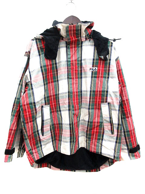 フィラ Fila パーカー ジップアップ チェック 長袖 総裏地 M 白 ホワイト 赤 レッド Mn メンズ 195 ベクトルパーク