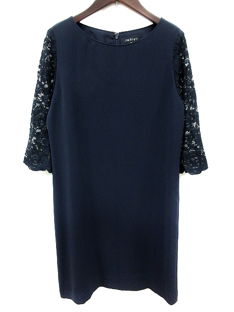 インディヴィ Indivi ワンピース Aライン ひざ丈 レース 七分袖 紺 ネイビー Ms レディース 195 ベクトルパーク