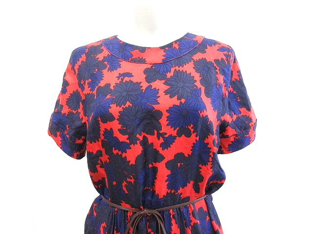 マークバイマークジェイコブス Marc By Marc Jacobs ワンピース ロング 半袖 花柄 絹 シルク サテン ウエストマーク 6 赤 レッド 紺 ネイビー Ct レディース 195 ベクトルパーク