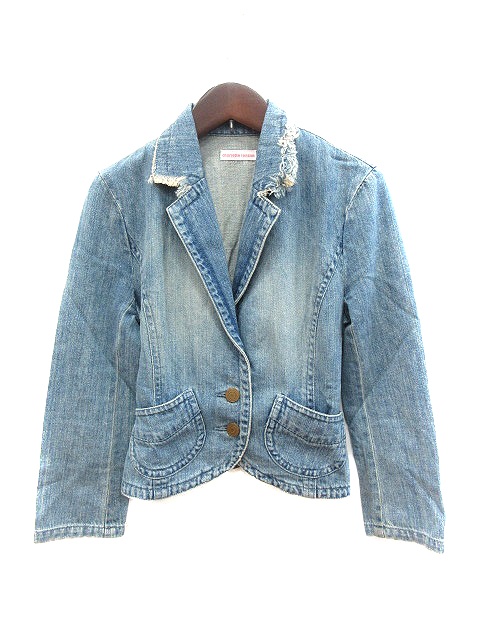 シャーロット ロンソン Charlotte Ronson テーラードジャケット デニム カットオフ ダメージ加工 エルボーパッチ 七分袖 2 水色 青 ブルー Au レディース 195 ベクトルパーク