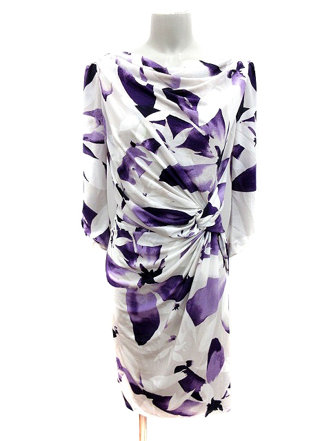 マテリア Materia ワンピース タイト ひざ丈 七分袖 カシュクール 総柄 38 白 ホワイト 紫 パープル Rt レディース 195 ベクトルパーク