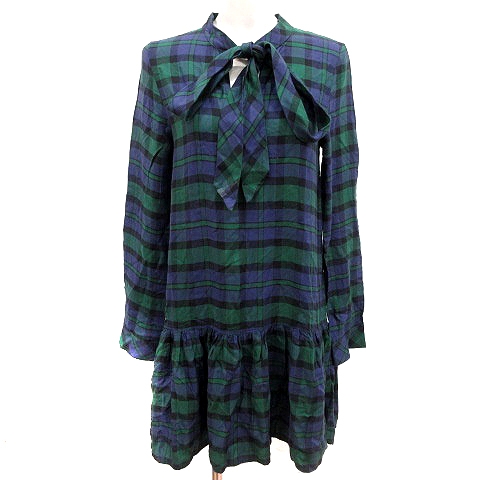 ザラ トラファルック Zara Trafaluc ワンピース Aライン ミニ 長袖 チェック ボウタイ S 緑 グリーン Rt レディース 195 ベクトルパーク