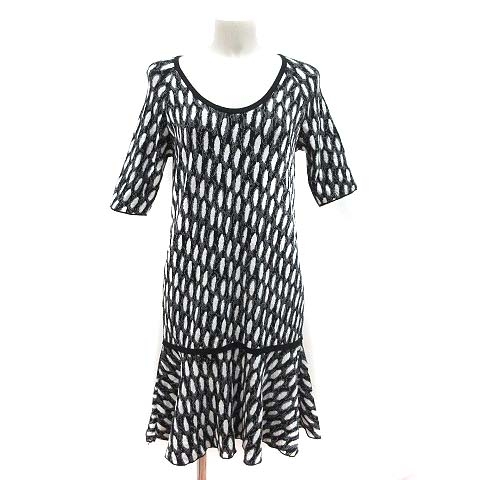 マックス コー Max Co ニットワンピース ひざ丈 Uネック 五分袖 総柄 S 黒 ブラック Kb レディース 195 ベクトルパーク