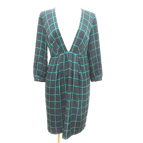 インディヴィ Indivi ひざ丈ワンピース Vネック チェック 長袖 38 黒 ブラック 緑 グリーン Yk レディース 195 ベクトルパーク