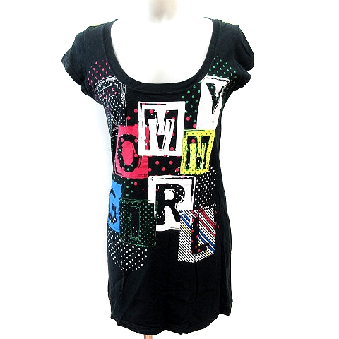 トミーガール Tommy Girl Tシャツワンピース チュニック Uネック プリント ライン フレンチスリーブ S 黒 ブラック Au レディース 195 ベクトルパーク