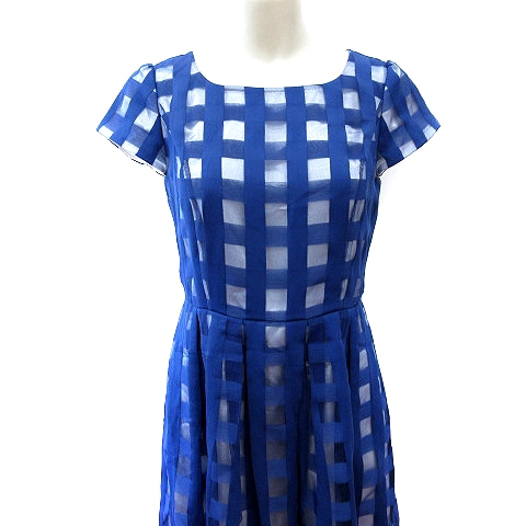 クリアインプレッション Clear Impression フレアワンピース ひざ丈 チェック フレンチスリーブ 2 青 ブルー Au レディース 195 ベクトルパーク