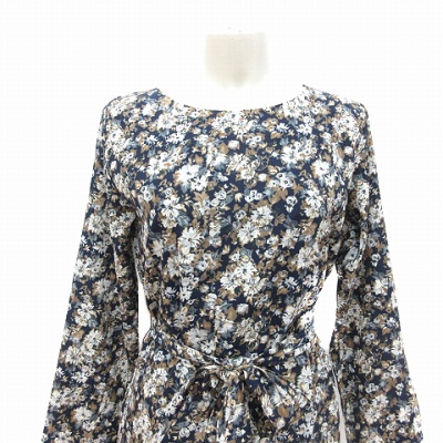 未使用品 テチチ Te Chichi ワンピース ひざ丈 長袖 サテン 花柄 ウエストマーク M 紺 ネイビー Ct レディース 195 ベクトルパーク