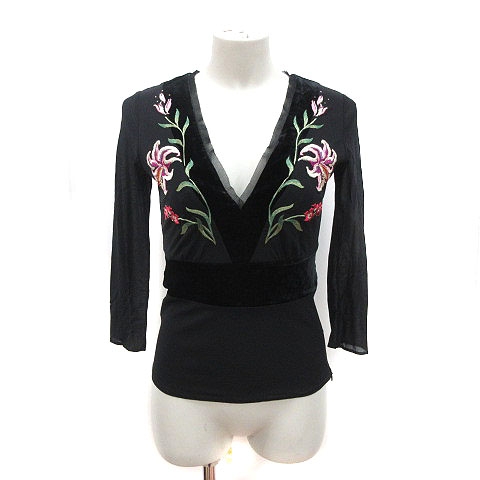 ヴィヴィアンタム Vivienne Tam ブラウス Vネック 七分袖 切替 ベロア 刺繍 花柄 0 黒 ブラック Kb レディース 195 ベクトルパーク