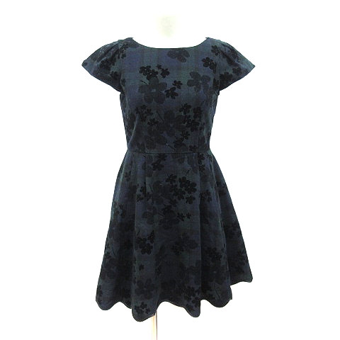 リランドチュール Rirandture ワンピース ひざ丈 半袖 花柄 チェック ウール 1 紺 ネイビー 緑 グリーン Ct レディース 195 ベクトルパーク