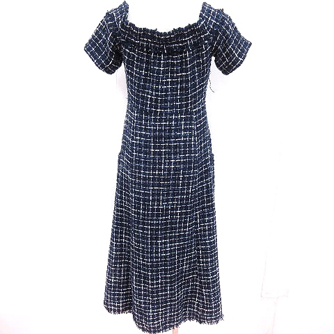 ザラ Zara ワンピース Aライン ロング 半袖 ツイード チェック S 紺 ネイビー 白 ホワイト Rt レディース 195 ベクトルパーク