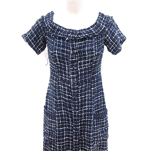ザラ Zara ワンピース Aライン ロング 半袖 ツイード チェック S 紺 ネイビー 白 ホワイト Rt レディース 195 ベクトルパーク
