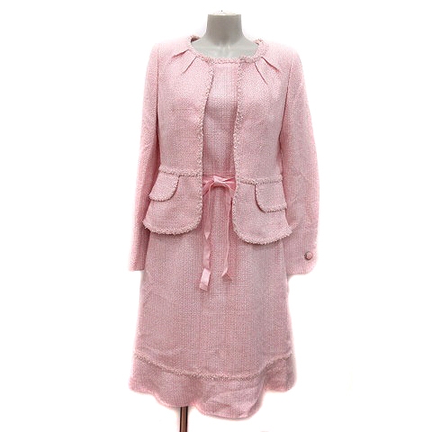 クレージュ Courreges スーツ セットアップ 上下 ノーカラージャケット 総裏地 ラメ ワンピース ひざ丈 半袖 38 ピンク Mn レディース 195 ベクトルパーク