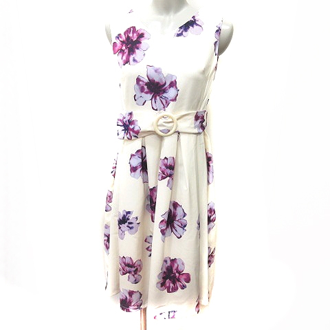 セシルマクビー Cecil Mcbee ワンピース Aライン ひざ丈 ノースリーブ 花柄 ウエストマーク M アイボリー 紫 パープル Rt レディース 195 ベクトルパーク