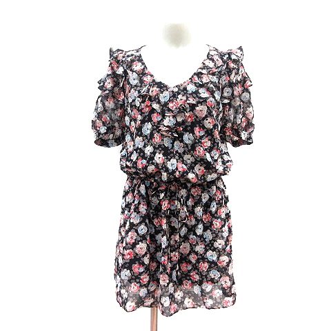 レベッカテイラー Rebecca Taylor ワンピース ミニ Vネック 花柄 半袖 フリル インナー付き 2 黒 ブラック Mn レディース 195 ベクトルパーク