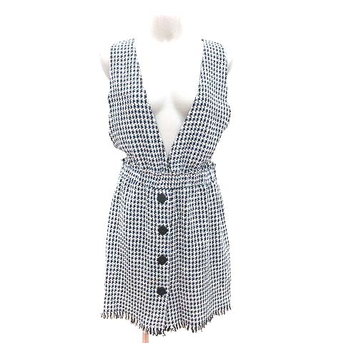 ザラ Zara ワンピース ジャンパースカート ひざ丈 ニット ノースリーブ フリンジ 千鳥格子 M 青 ブルー Ct レディース 195 ベクトルパーク