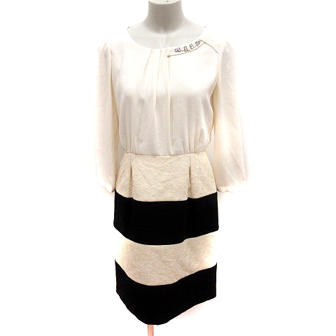 デビュー ド フィオレ Debut De Fiore ワンピース タイト ひざ丈 長袖 ボーダー ビジュー 36 アイボリー 黒 ブラック Rt レディース 195 ベクトルパーク